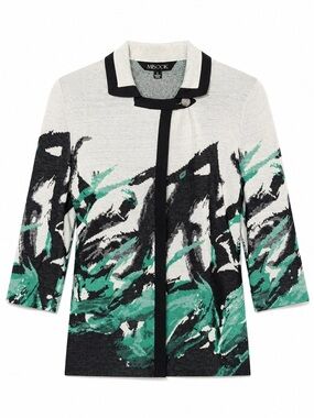 Misook Abstract Knit Jacket Black White Green Chic Career Core Luxe-Small